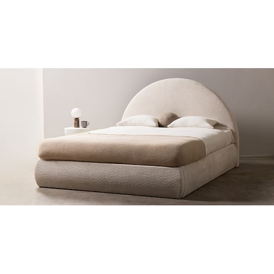 Lit rembourré Orbi 160x200 cm, avec sommier et espace de rangement, arrondi, beige