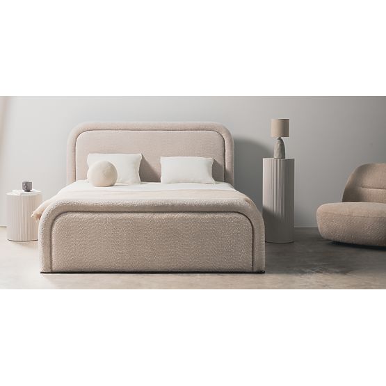 Lit rembourré Ovoid 140x200 cm, avec sommier et espace de rangement, arrondi, beige
