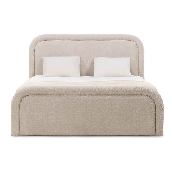 Lit rembourré Ovoid 160x200 cm, avec sommier et espace de rangement, arrondi, beige