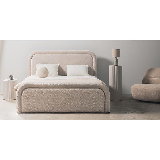 Lit rembourré Ovoid 160x200 cm, avec sommier et espace de rangement, arrondi, beige