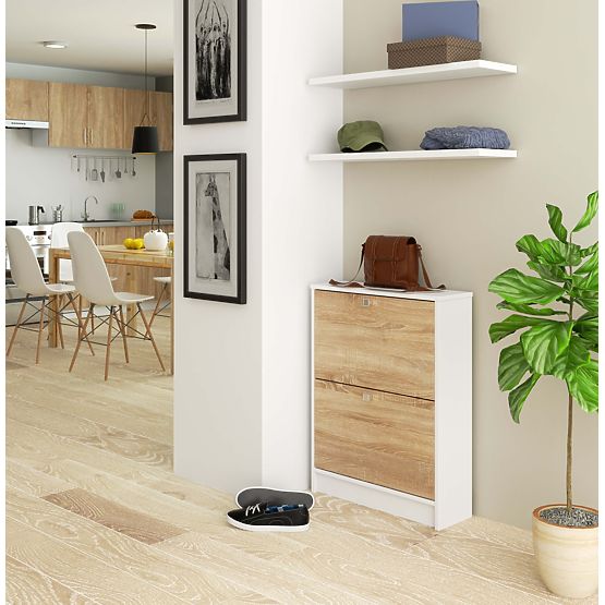 MEUBLE À CHAUSSURES 2 ABATTANT BLANC / CHÊNE SONOMA