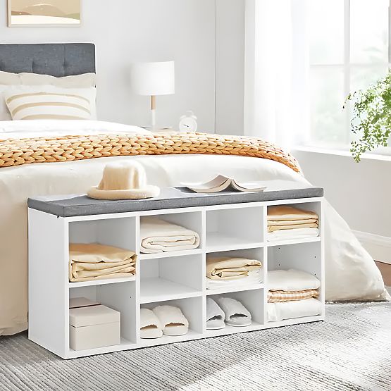 Meuble à chaussures avec coussin gris 10 étagères blanc