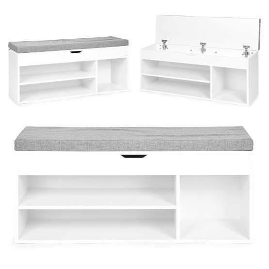 Meuble à chaussures avec coussin gris et siège ouvrant 3 étagères blanc