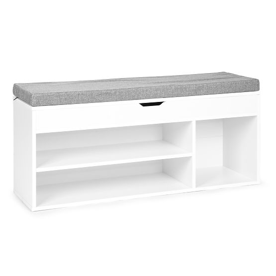 Meuble à chaussures avec coussin gris et siège ouvrant 3 étagères blanc