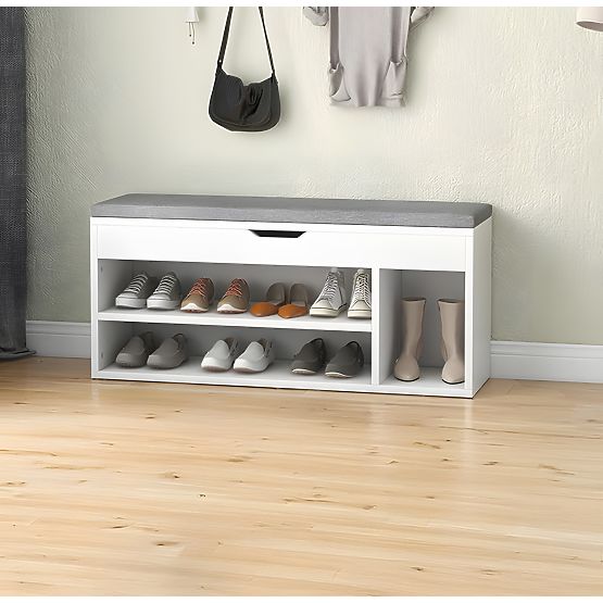 Meuble à chaussures avec coussin gris et siège ouvrant 3 étagères blanc