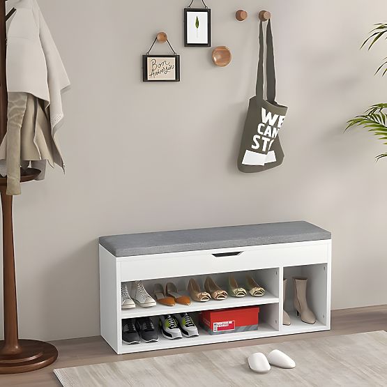 Meuble à chaussures avec coussin gris et siège ouvrant 3 étagères blanc