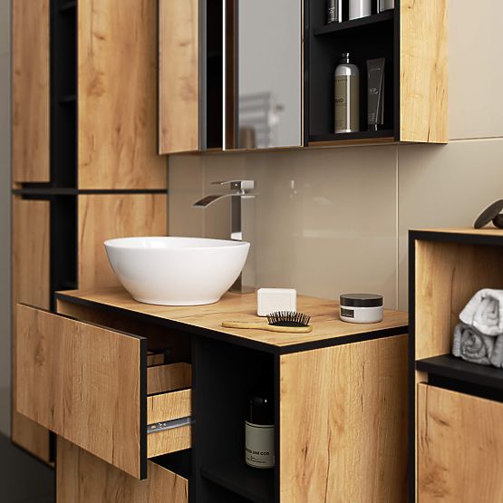 MEUBLE DE SALLE DE BAIN SOUS LAVABO AVEC TROUS VAMI W90 UM 2SZ 2P CHÊNE CRAFT / NOIR