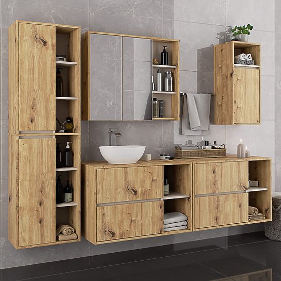 ARMOIRE DE SALLE DE BAIN SOUS LAVABO VAMI W90 2SZ 2P CHÊNE ARTISAN / CACHEMIRE