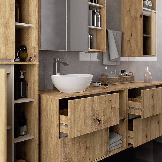 ARMOIRE DE SALLE DE BAIN SOUS LAVABO VAMI W90 2SZ 2P CHÊNE ARTISAN / CACHEMIRE