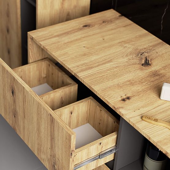 MEUBLE DE SALLE DE BAIN SOUS LAVABO VAMI W90 2TIROIRS 2PORTES CHÊNE ARTISAN / GRIS GRAPHITE