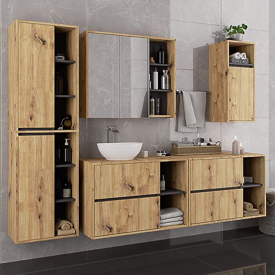 MEUBLE DE SALLE DE BAIN SOUS LAVABO VAMI W90 2TIROIRS 2PORTES CHÊNE ARTISAN / GRIS GRAPHITE
