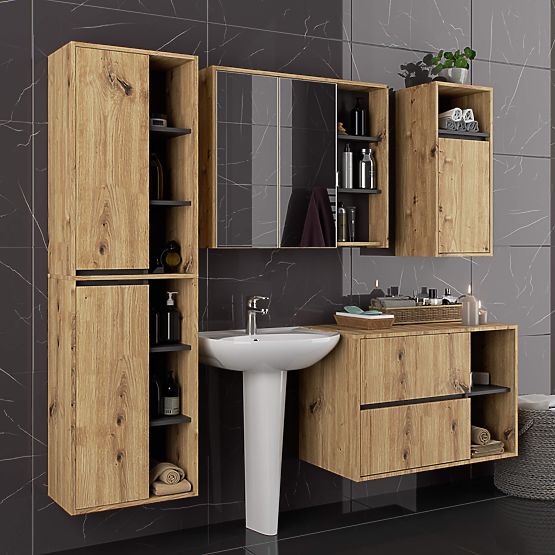 MEUBLE DE SALLE DE BAIN SOUS LAVABO VAMI W90 2TIROIRS 2PORTES CHÊNE ARTISAN / GRIS GRAPHITE