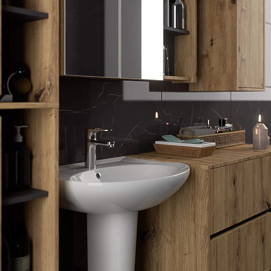 MEUBLE DE SALLE DE BAIN SOUS LAVABO VAMI W90 2TIROIRS 2PORTES CHÊNE ARTISAN / GRIS GRAPHITE