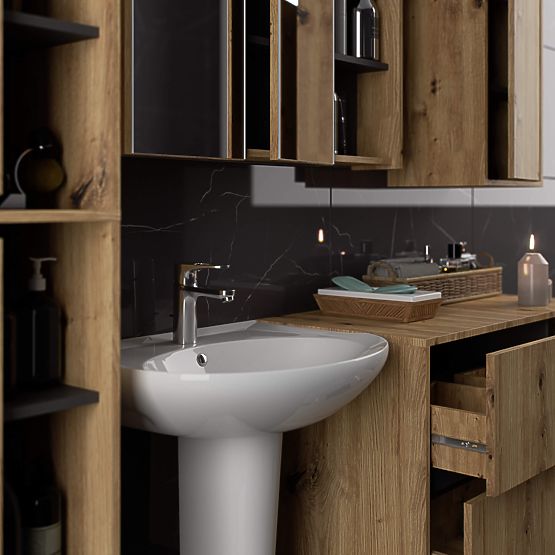 MEUBLE DE SALLE DE BAIN SOUS LAVABO VAMI W90 2TIROIRS 2PORTES CHÊNE ARTISAN / GRIS GRAPHITE