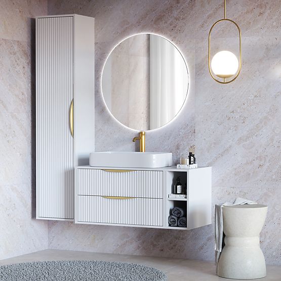 Meuble sous lavabo Avila 2.0, 80 cm, rainuré, poignées dorées, blanc