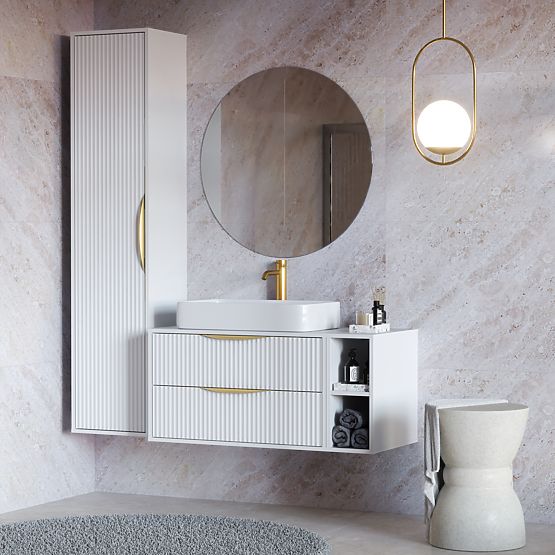 Meuble sous lavabo Avila 2.0, 80 cm, rainuré, poignées dorées, blanc