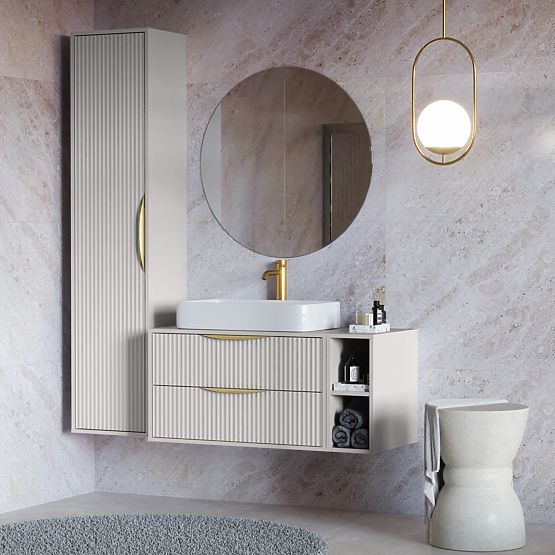 Meuble sous lavabo Avila 2.0, 80 cm, rainuré, poignées dorées, cachemire