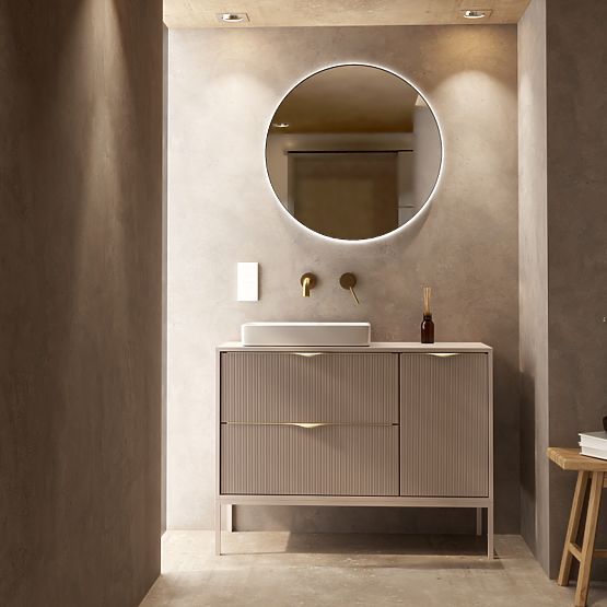 Meuble sous lavabo Livia 100 cm, couleur cachemire, pieds métalliques, rainuré