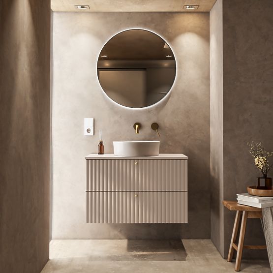 Meuble sous lavabo Nelli 80 cm, cachemire, rainuré, poignées dorées