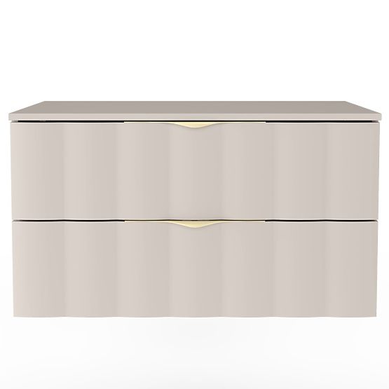 Meuble sous lavabo Omi 80 cm, panneau avant ondulé, poignées dorées, beige cachemire