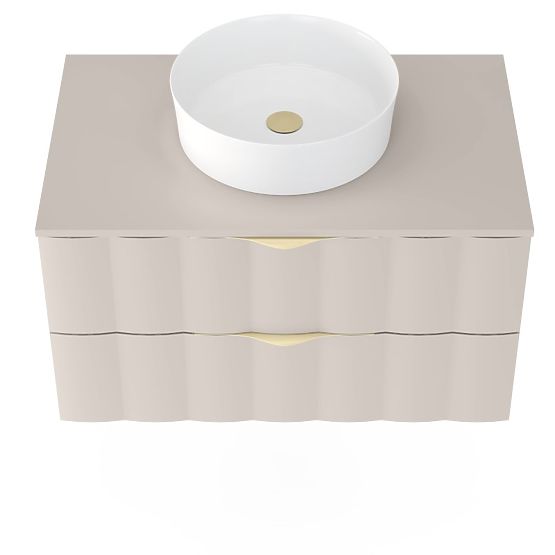 Meuble sous lavabo Omi 80 cm, panneau avant ondulé, poignées dorées, beige cachemire