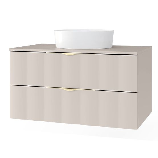 Meuble sous lavabo Omi 80 cm, panneau avant ondulé, poignées dorées, beige cachemire