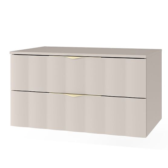 Meuble sous lavabo Omi 80 cm, panneau avant ondulé, poignées dorées, beige cachemire