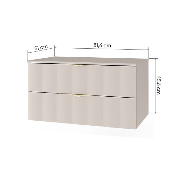 Meuble sous lavabo Omi 80 cm, panneau avant ondulé, poignées dorées, beige cachemire