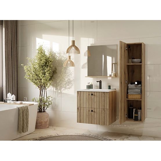 MEUBLE SOUS-LAVABO SUSPENDU TIGO 60 2S CHÊNE EVOKE 2 TIROIRS PANNEAU FRONTAL RAINURÉ