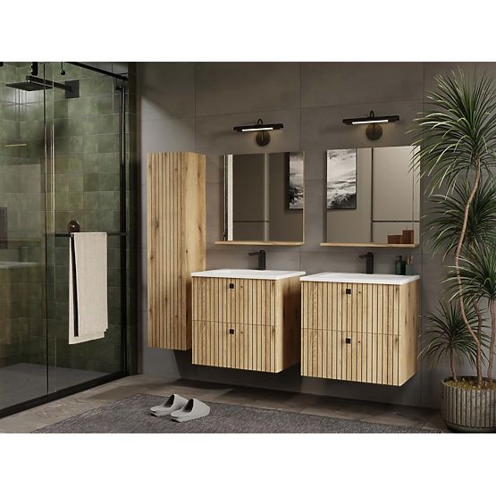 MEUBLE SOUS-LAVABO SUSPENDU TIGO 60 2S CHÊNE EVOKE 2 TIROIRS PANNEAU FRONTAL RAINURÉ
