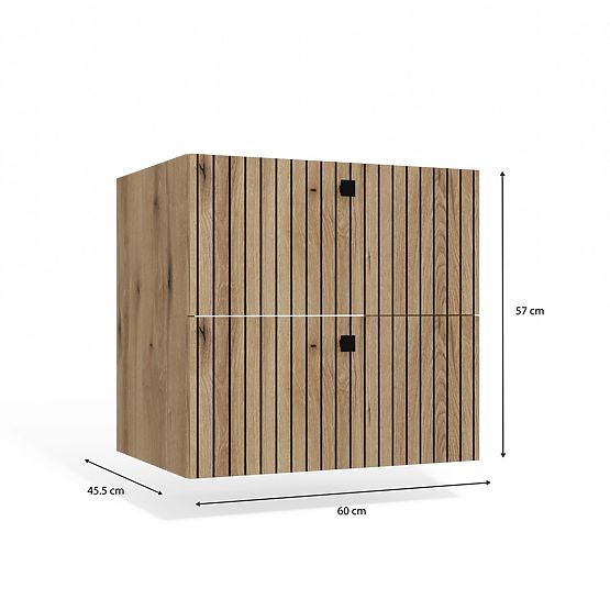 MEUBLE SOUS-LAVABO SUSPENDU TIGO 60 2S CHÊNE EVOKE 2 TIROIRS PANNEAU FRONTAL RAINURÉ