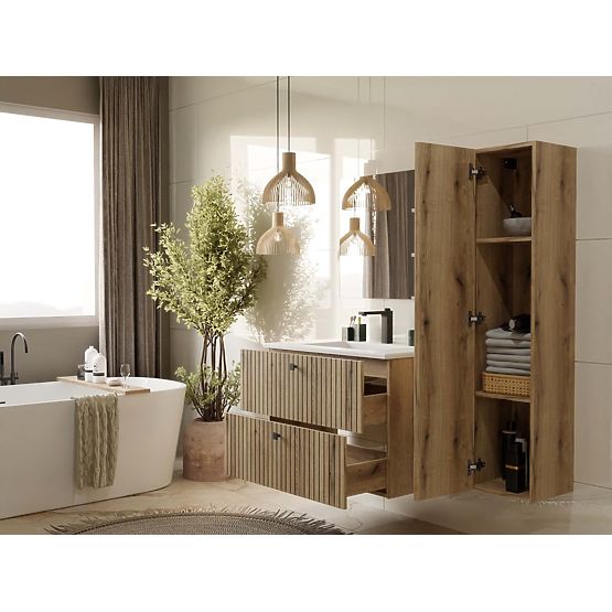MEUBLE SOUS LAVABO SUSPENDU TIGO 80 2S CHÊNE EVOKE 2 TIROIRS PANNEAU FRONTAL RAINURÉ