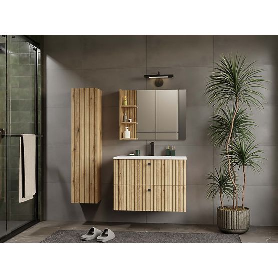 MEUBLE SOUS LAVABO SUSPENDU TIGO 80 2S CHÊNE EVOKE 2 TIROIRS PANNEAU FRONTAL RAINURÉ
