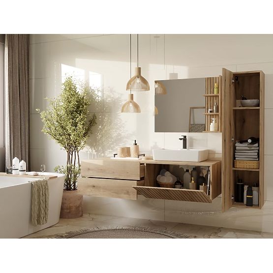 MEUBLE SOUS LAVABO TIGO 1D2S CHÊNE EVOKE 140 CM 2 TIROIRS PANNEAU FRONTAL RAINURÉ SUSPENDU