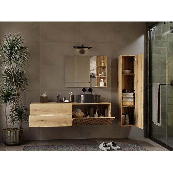 MEUBLE SOUS LAVABO TIGO 1D2S CHÊNE EVOKE 140 CM 2 TIROIRS PANNEAU FRONTAL RAINURÉ SUSPENDU