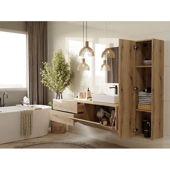 MEUBLE SOUS LAVABO TIGO 1D2S CHÊNE EVOKE 140 CM 2 TIROIRS PANNEAU FRONTAL RAINURÉ SUSPENDU