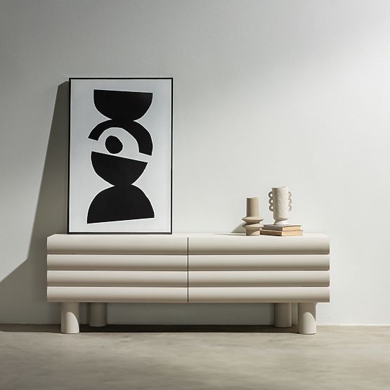 Meuble TV Anatra, rainuré, beige, formes arrondies