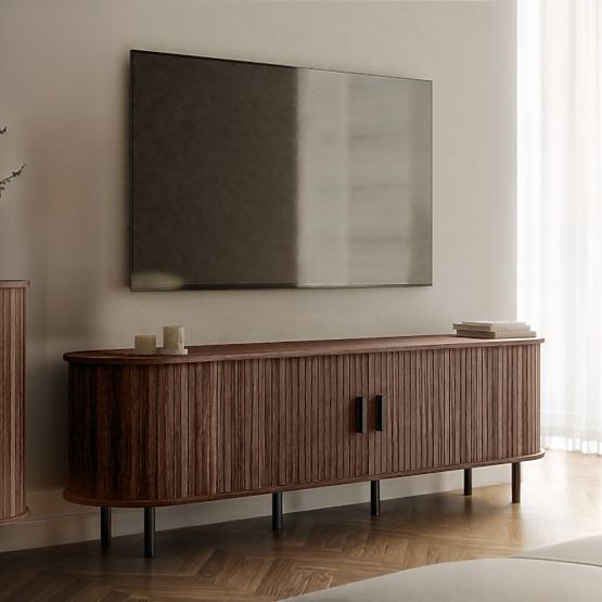 Meuble TV fermé Gliss, arrondi, lamelles, noyer foncé