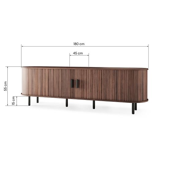 Meuble TV fermé Gliss, arrondi, lamelles, noyer foncé