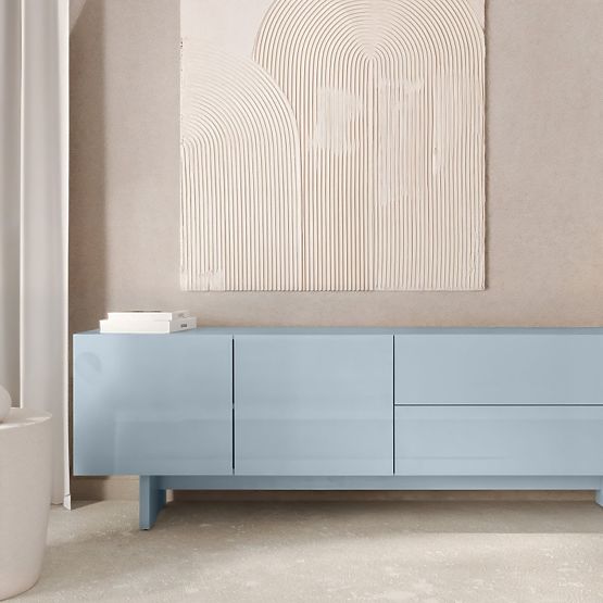 Meuble TV Glim, bleu fumé, brillant