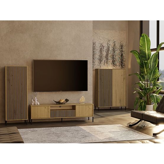 MEUBLE TV KAMARO 160 CHÊNE ARTISAN Rainuré + Panneau Frontal Classique