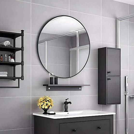 Miroir mural rond 80 cm suspendu cadre noir moderne aluminium ModernHome