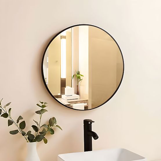 Miroir mural rond 80 cm suspendu cadre noir moderne aluminium ModernHome