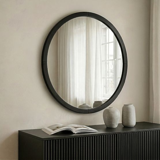 Miroir suspendu dans un cadre en bois Sesto 60 cm, rond, noir