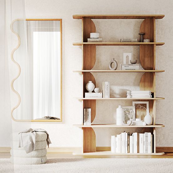 Miroir suspendu dans un cadre ondulé Noelie, 140x70 cm, rectangulaire, bois de paulownia, naturel