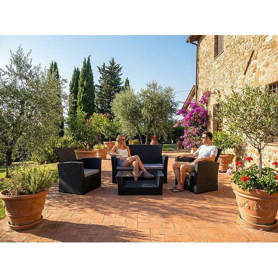 Mobilier de jardin en résine tressée (canapé 123cm, 2 fauteuils + table) UNICO noir