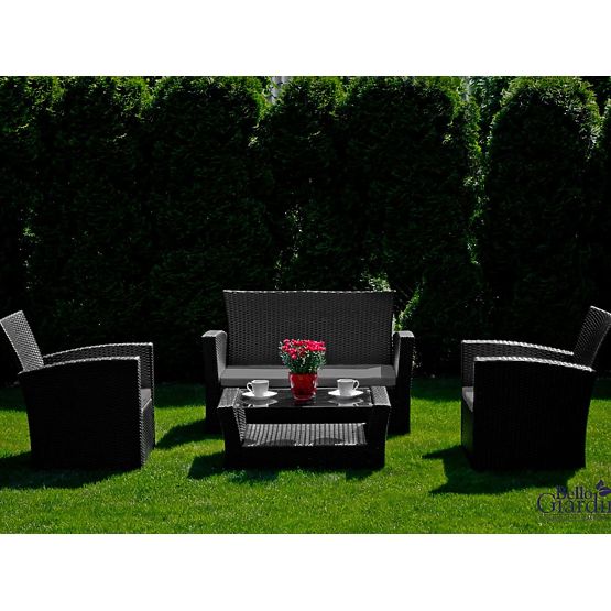 Mobilier de jardin en résine tressée (canapé 123cm, 2 fauteuils + table) UNICO noir
