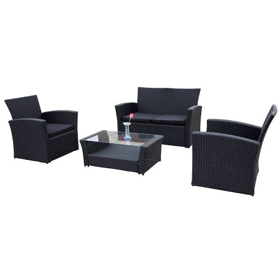 Mobilier de jardin en résine tressée (canapé 123cm, 2 fauteuils + table) UNICO noir