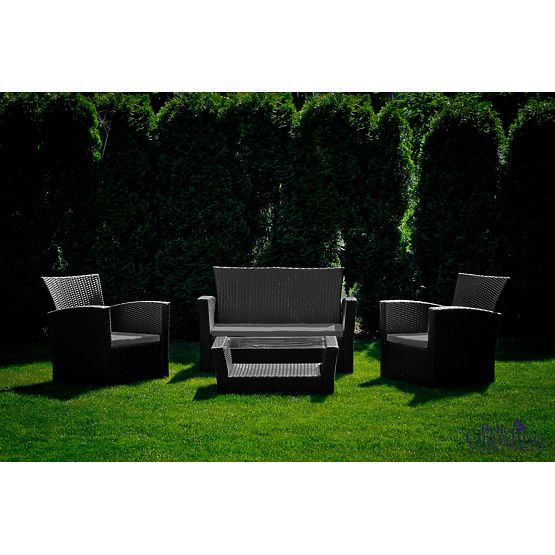 Mobilier de jardin en résine tressée (canapé 123cm, 2 fauteuils + table) UNICO noir