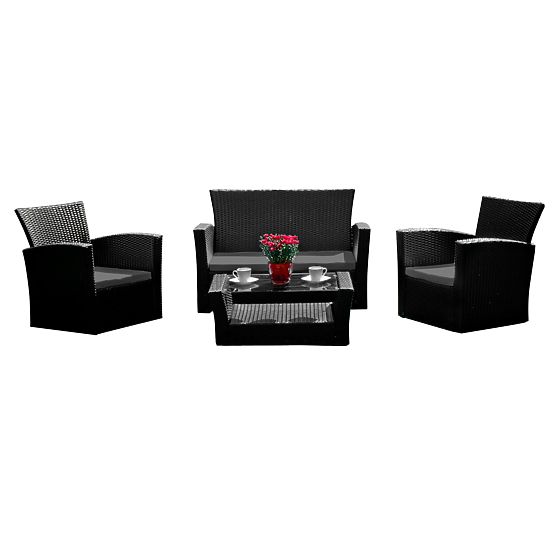 Mobilier de jardin en résine tressée (canapé 123cm, 2 fauteuils + table) UNICO noir